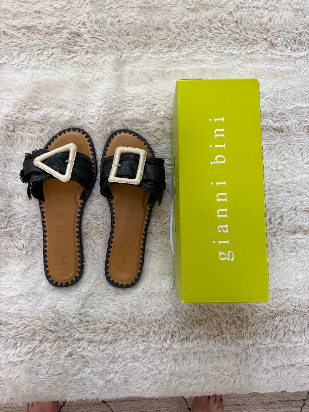 Gianni Bini Black Slide Sandals with Cream Buckle Details